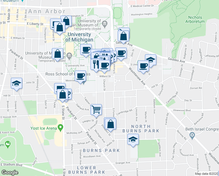 map of restaurants, bars, coffee shops, grocery stores, and more near 721 Church Street in Ann Arbor