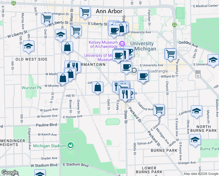 map of restaurants, bars, coffee shops, grocery stores, and more near 431 Cross Street in Ann Arbor