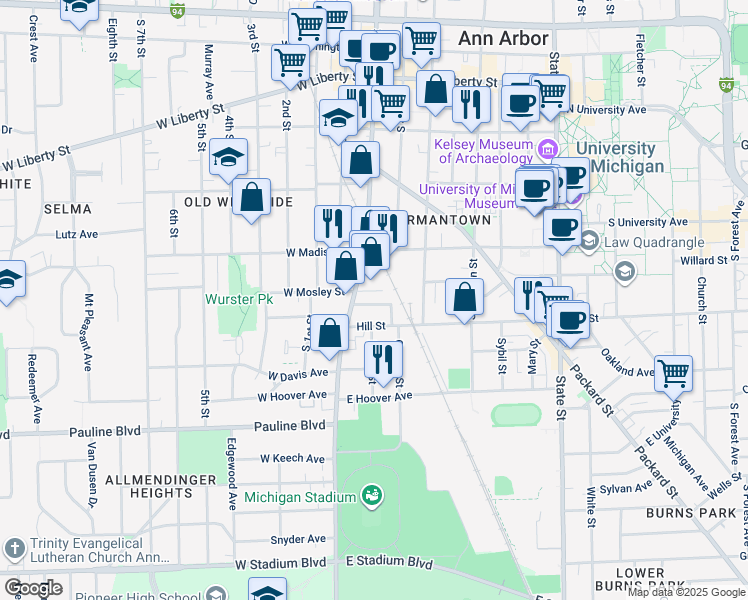 map of restaurants, bars, coffee shops, grocery stores, and more near 637 South Main Street in Ann Arbor