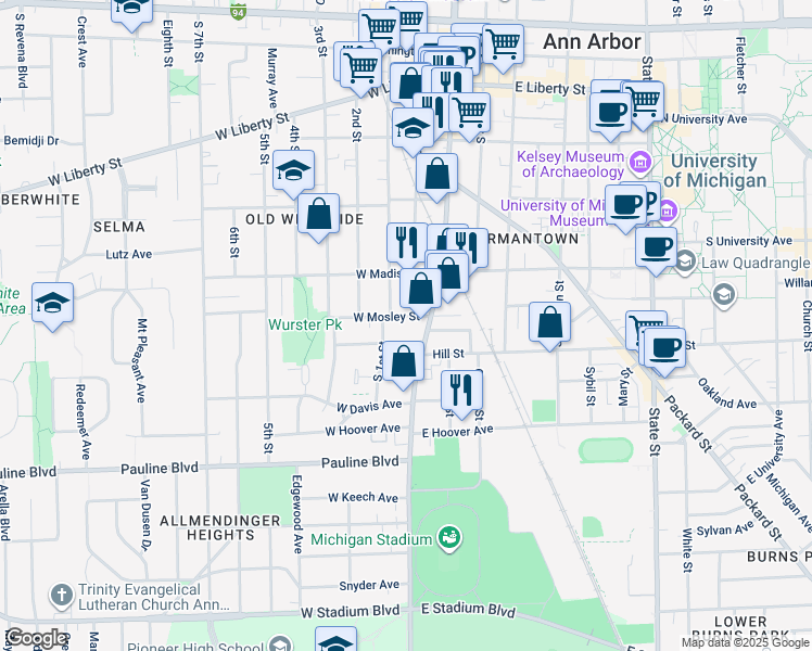 map of restaurants, bars, coffee shops, grocery stores, and more near 631 South 1st Street in Ann Arbor