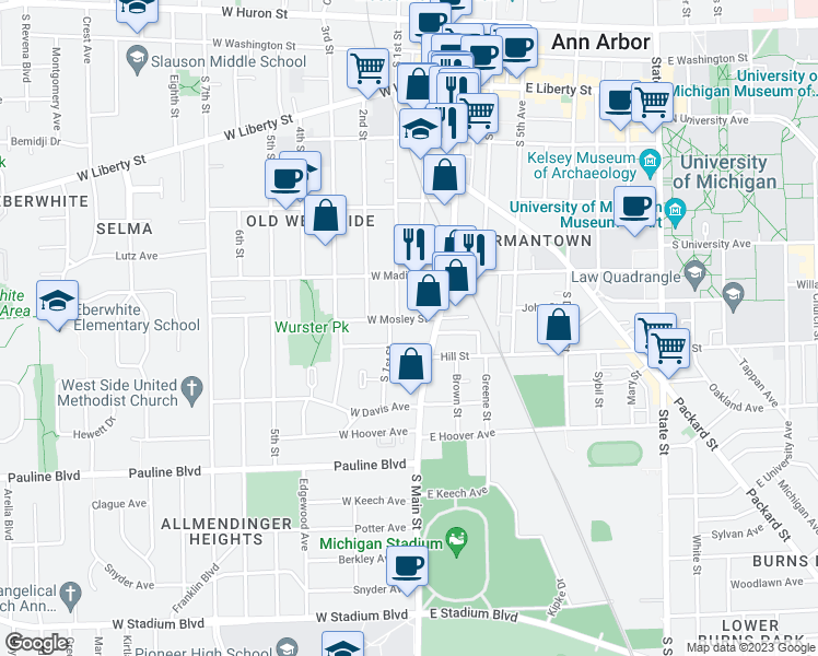 map of restaurants, bars, coffee shops, grocery stores, and more near 631 South 1st Street in Ann Arbor