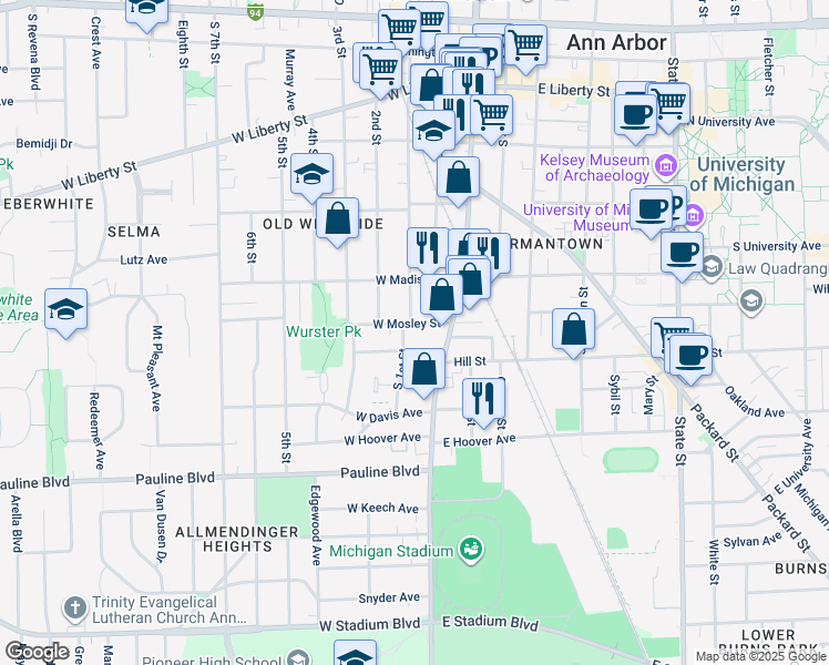 map of restaurants, bars, coffee shops, grocery stores, and more near 631 South 1st Street in Ann Arbor