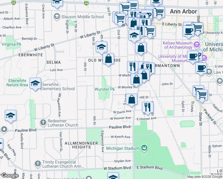 map of restaurants, bars, coffee shops, grocery stores, and more near 630 3rd Street in Ann Arbor