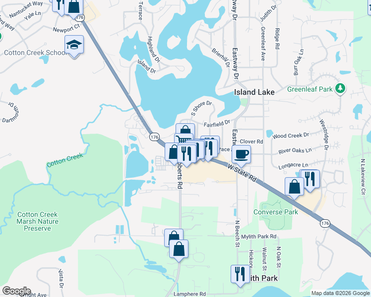 map of restaurants, bars, coffee shops, grocery stores, and more near in Island Lake