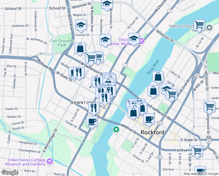 map of restaurants, bars, coffee shops, grocery stores, and more near 216 North Main Street in Rockford