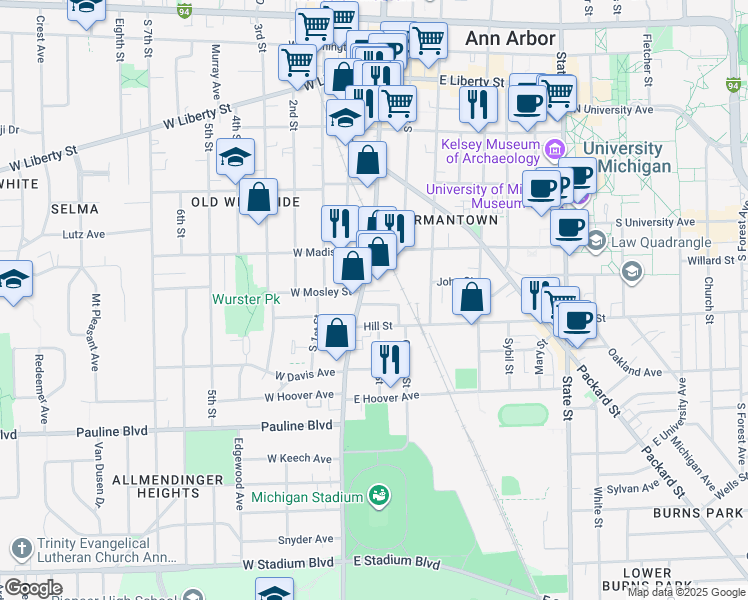 map of restaurants, bars, coffee shops, grocery stores, and more near 111 East Mosley Street in Ann Arbor