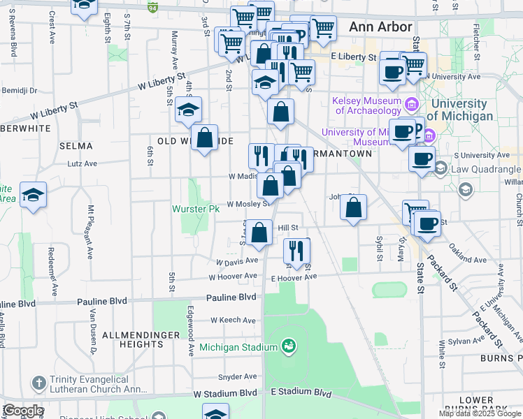 map of restaurants, bars, coffee shops, grocery stores, and more near 631 South 1st Street in Ann Arbor