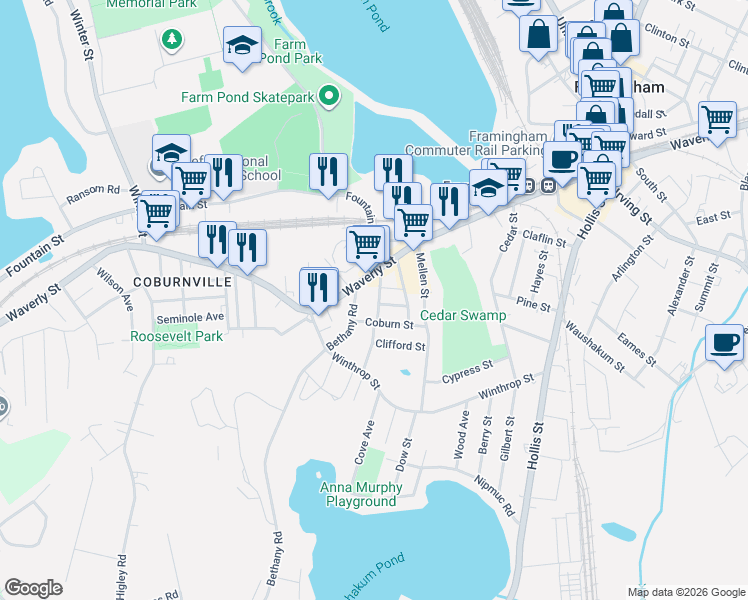 map of restaurants, bars, coffee shops, grocery stores, and more near 686 Waverly Street in Framingham
