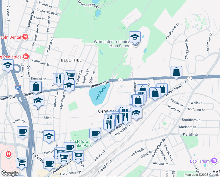 map of restaurants, bars, coffee shops, grocery stores, and more near 240 Belmont Street in Worcester