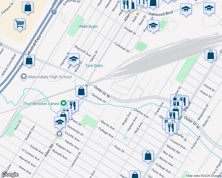 map of restaurants, bars, coffee shops, grocery stores, and more near 385 Gale Blvd in Melvindale