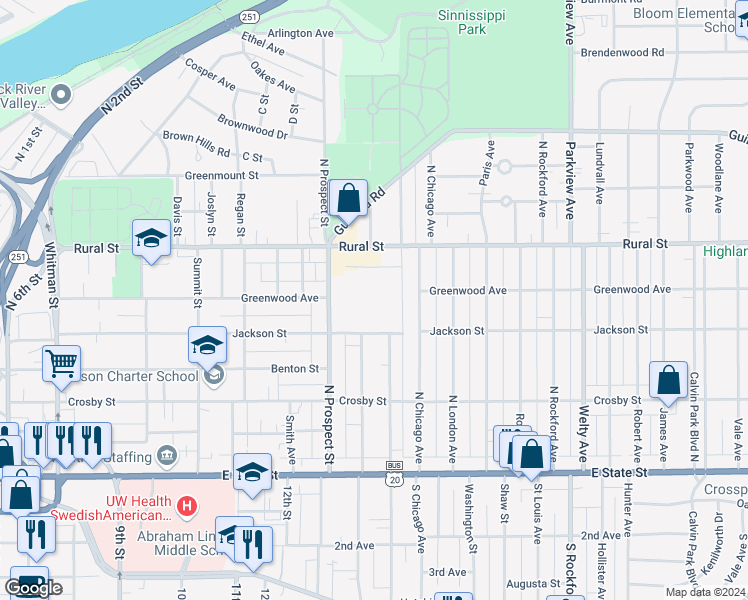 map of restaurants, bars, coffee shops, grocery stores, and more near 501 North Prospect Street in Rockford