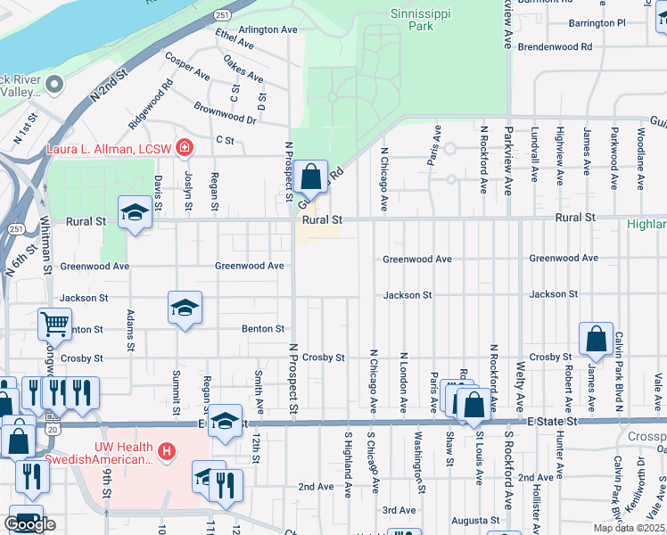 map of restaurants, bars, coffee shops, grocery stores, and more near 501 North Prospect Street in Rockford