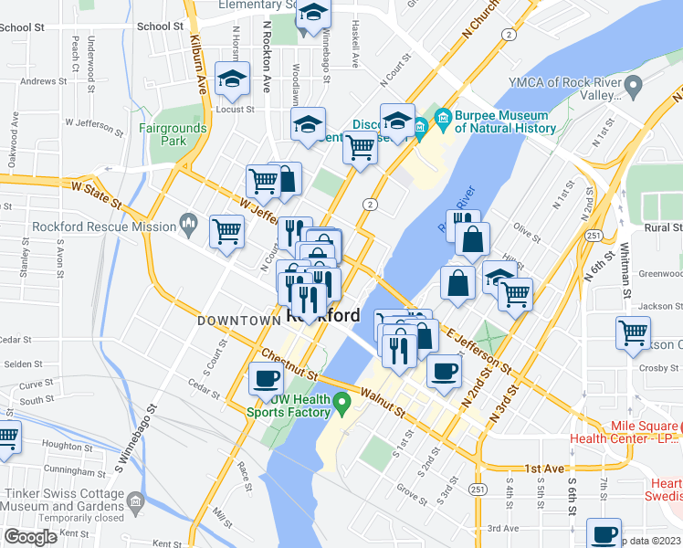 map of restaurants, bars, coffee shops, grocery stores, and more near 211 North Main Street in Rockford