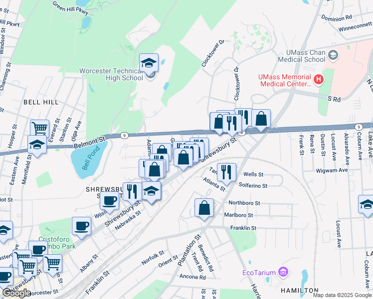 map of restaurants, bars, coffee shops, grocery stores, and more near 16 Prentice Street in Worcester
