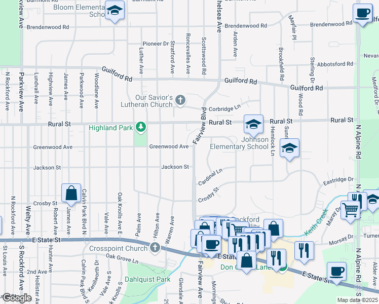 map of restaurants, bars, coffee shops, grocery stores, and more near 520 Fairview Boulevard in Rockford