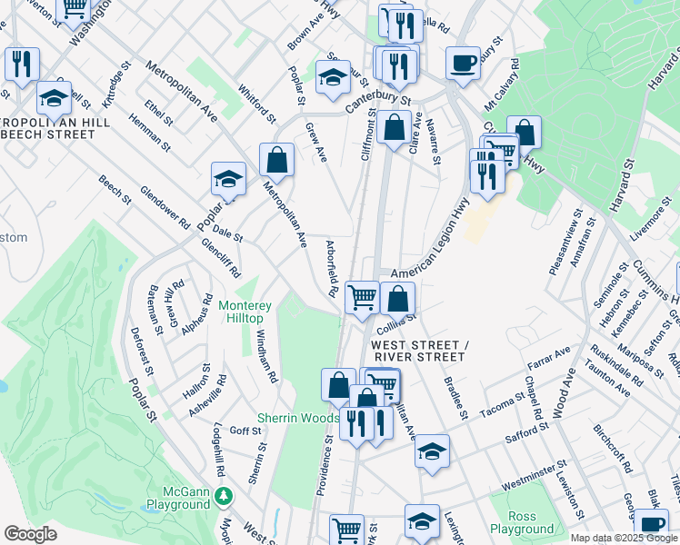 map of restaurants, bars, coffee shops, grocery stores, and more near 38 Arborfield Road in Boston