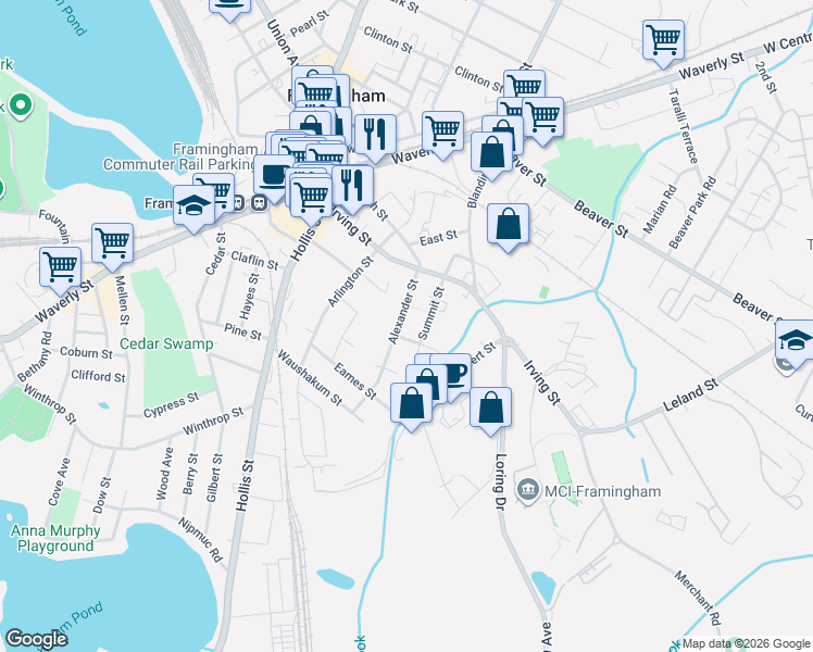 map of restaurants, bars, coffee shops, grocery stores, and more near 34 Alexander Street in Framingham