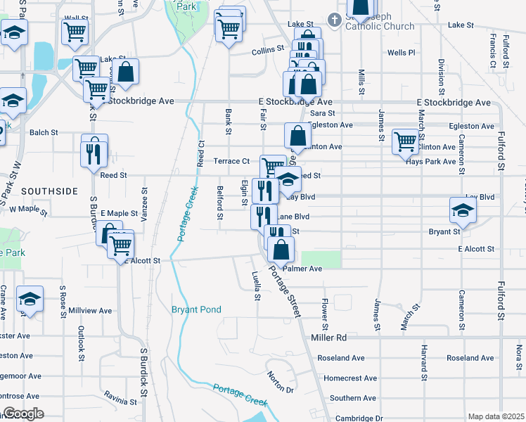 map of restaurants, bars, coffee shops, grocery stores, and more near 1916 Portage Street in Kalamazoo