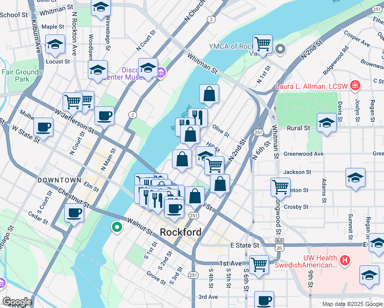 map of restaurants, bars, coffee shops, grocery stores, and more near in Rockford