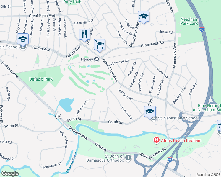 map of restaurants, bars, coffee shops, grocery stores, and more near 28 Green Street in Needham