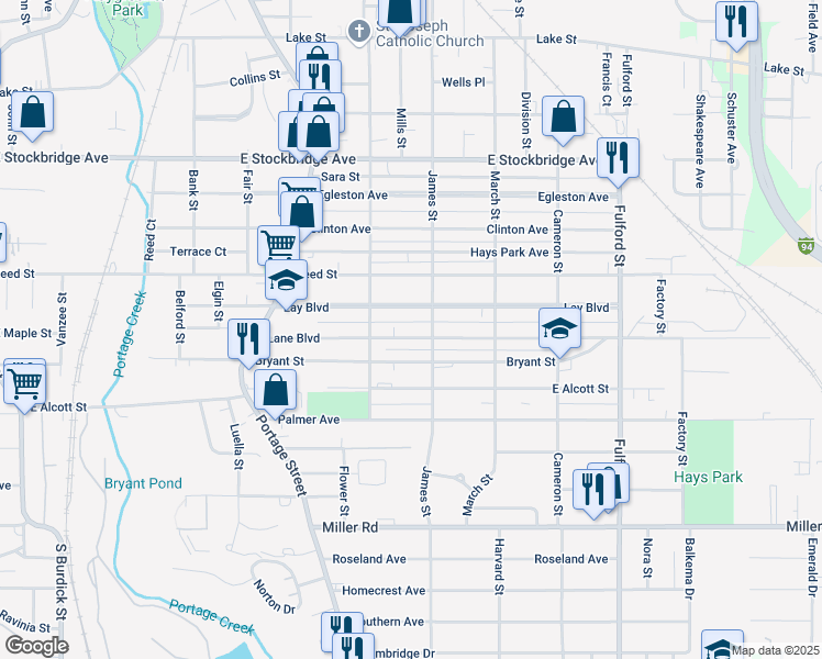 map of restaurants, bars, coffee shops, grocery stores, and more near 1110 Lay Boulevard in Kalamazoo