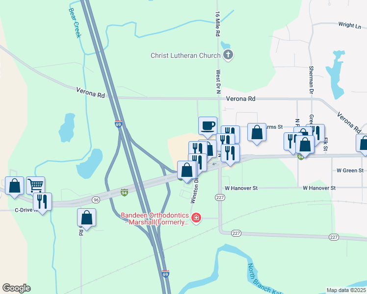 map of restaurants, bars, coffee shops, grocery stores, and more near 15861 West Michigan Avenue in Marshall