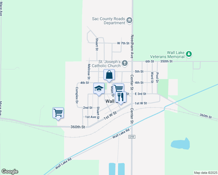 map of restaurants, bars, coffee shops, grocery stores, and more near 300-310 4th Street in Wall Lake