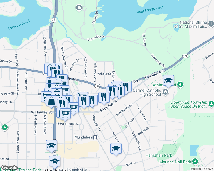 map of restaurants, bars, coffee shops, grocery stores, and more near 615 Greenwood Avenue in Mundelein