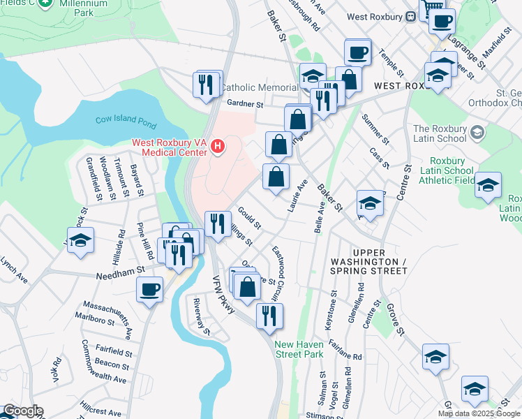 map of restaurants, bars, coffee shops, grocery stores, and more near 18 Ledge Hill Road in Boston
