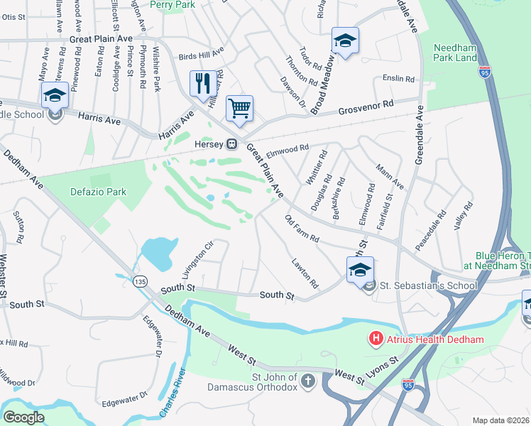map of restaurants, bars, coffee shops, grocery stores, and more near 28 Green Street in Needham