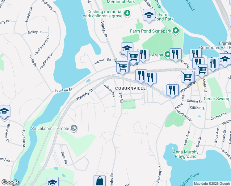 map of restaurants, bars, coffee shops, grocery stores, and more near 38 Wilson Avenue in Framingham