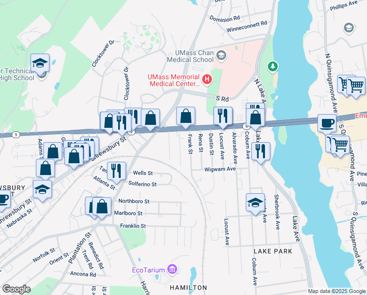 map of restaurants, bars, coffee shops, grocery stores, and more near 16 Carver Street in Worcester