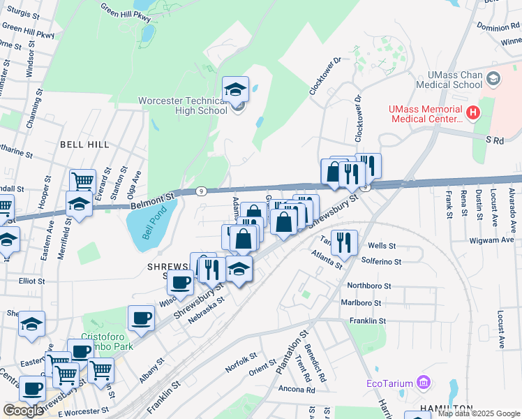 map of restaurants, bars, coffee shops, grocery stores, and more near 17 Caprera Road in Worcester