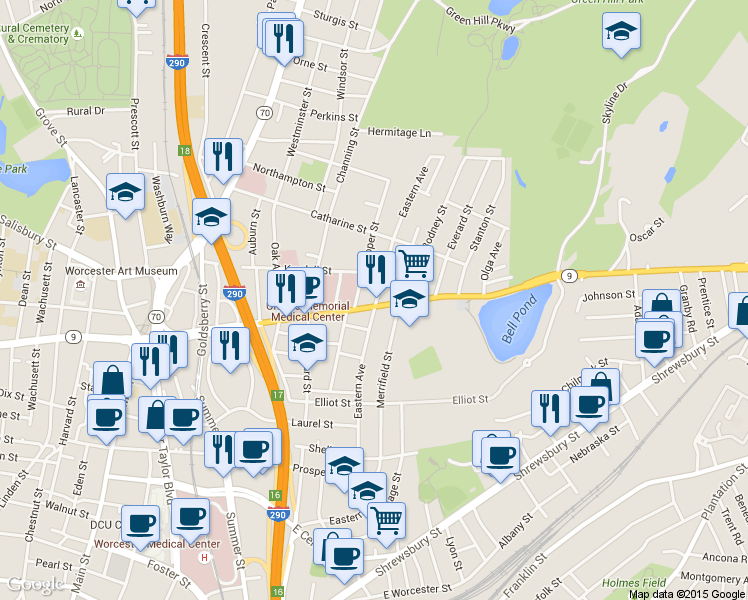 map of restaurants, bars, coffee shops, grocery stores, and more near in Worcester