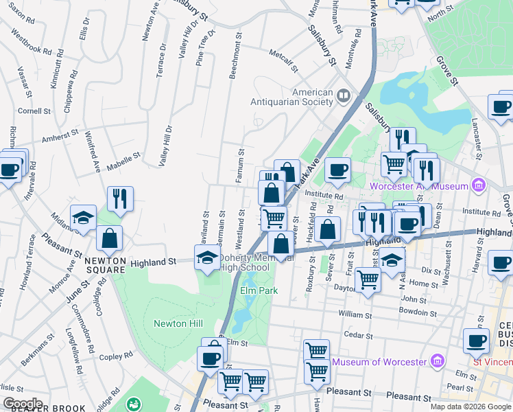 map of restaurants, bars, coffee shops, grocery stores, and more near 40 Lee Street in Worcester