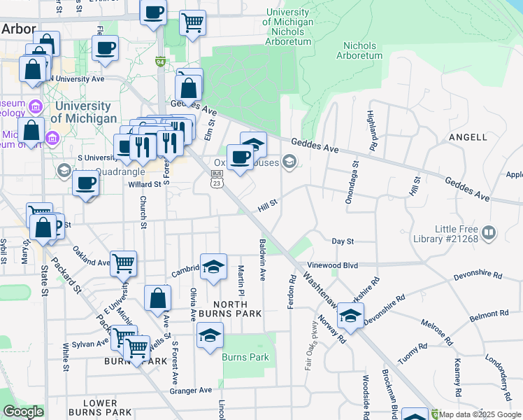 map of restaurants, bars, coffee shops, grocery stores, and more near 1701 Hill Street in Ann Arbor