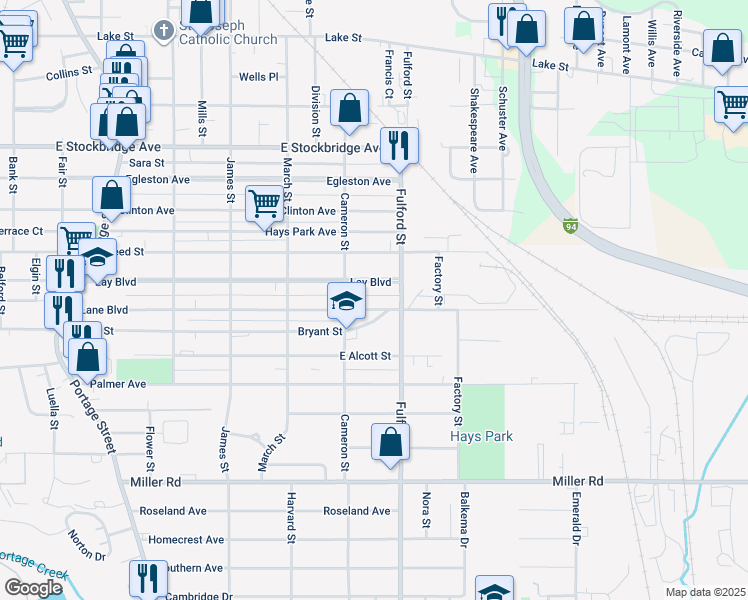 map of restaurants, bars, coffee shops, grocery stores, and more near 1714 Lay Boulevard in Kalamazoo