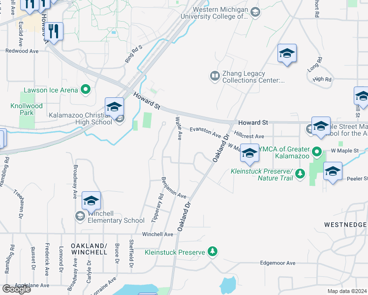 map of restaurants, bars, coffee shops, grocery stores, and more near 1903 Waite Avenue in Kalamazoo