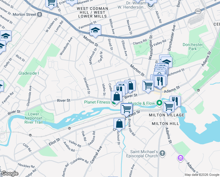 map of restaurants, bars, coffee shops, grocery stores, and more near 42-46R Cedar Street in Boston