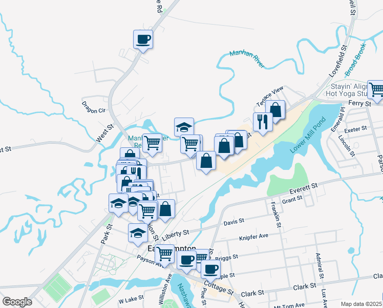 map of restaurants, bars, coffee shops, grocery stores, and more near 45 Pleasant Street in Easthampton