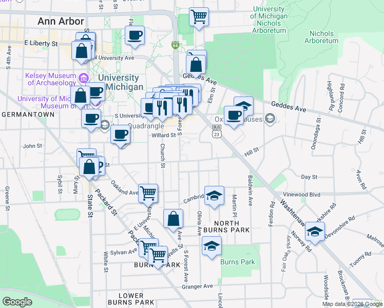 map of restaurants, bars, coffee shops, grocery stores, and more near 1331 Hill Street in Ann Arbor
