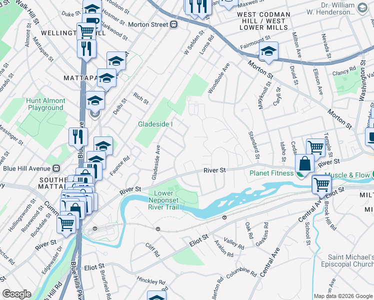 map of restaurants, bars, coffee shops, grocery stores, and more near 41 Ridgeview Avenue in Boston