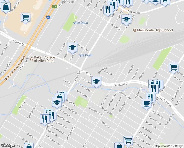 map of restaurants, bars, coffee shops, grocery stores, and more near 24335 West Outer Drive in Melvindale
