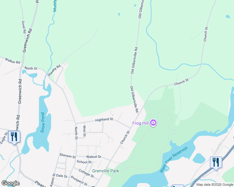 map of restaurants, bars, coffee shops, grocery stores, and more near 45 Old Gilbertville Road in Ware