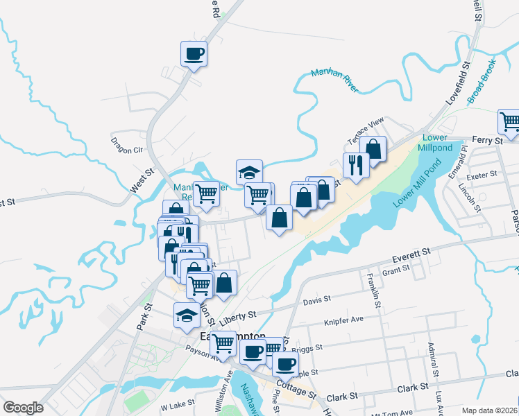 map of restaurants, bars, coffee shops, grocery stores, and more near 45-47 Pleasant Street in Easthampton