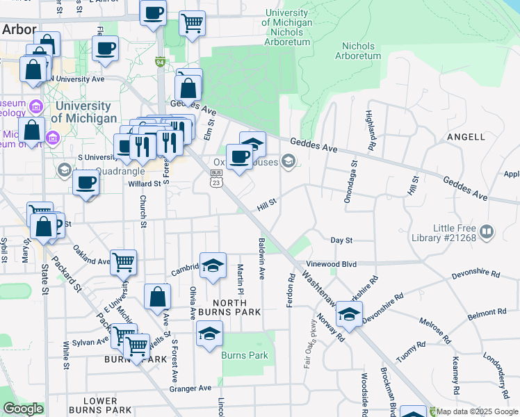 map of restaurants, bars, coffee shops, grocery stores, and more near 1701 Hill Street in Ann Arbor