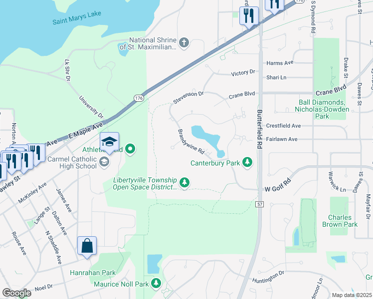 map of restaurants, bars, coffee shops, grocery stores, and more near 1311 Brandywine Road in Libertyville