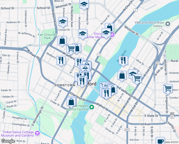 map of restaurants, bars, coffee shops, grocery stores, and more near 211 North Main Street in Rockford