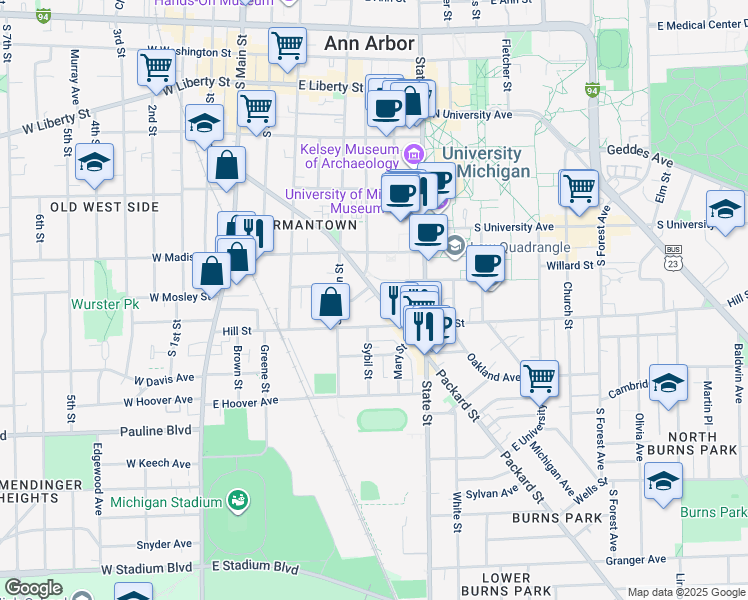 map of restaurants, bars, coffee shops, grocery stores, and more near 520 Packard Street in Ann Arbor
