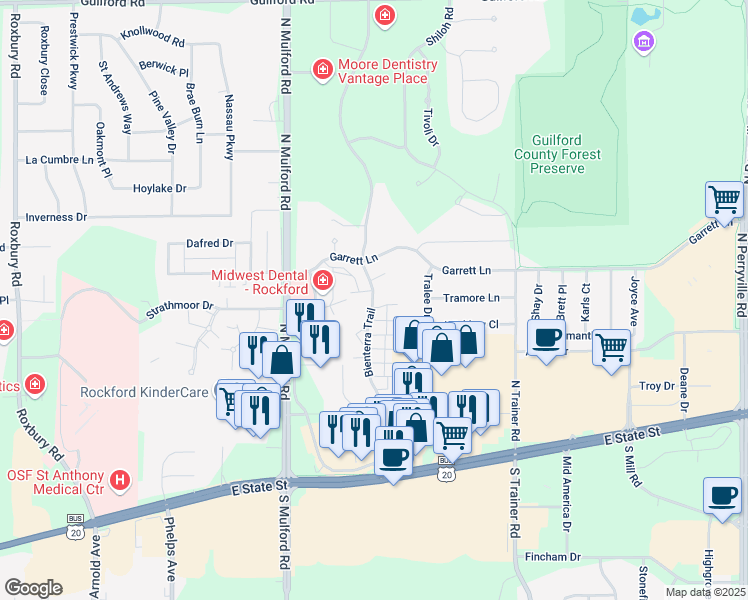 map of restaurants, bars, coffee shops, grocery stores, and more near 494 Bienterra Trail in Rockford